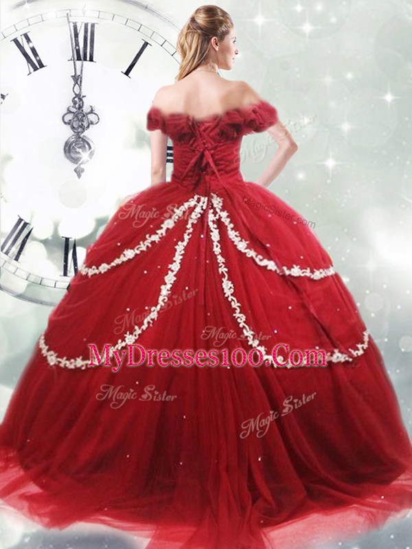 Off The Shoulder Sleeveless Tulle Quinceanera Dress Appliques and Pick Ups Brush Train Lace Up