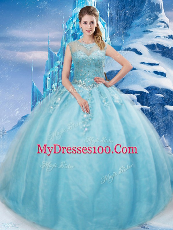 Superior Scoop Sleeveless Sweet 16 Dress Brush Train Beading Aqua Blue Tulle