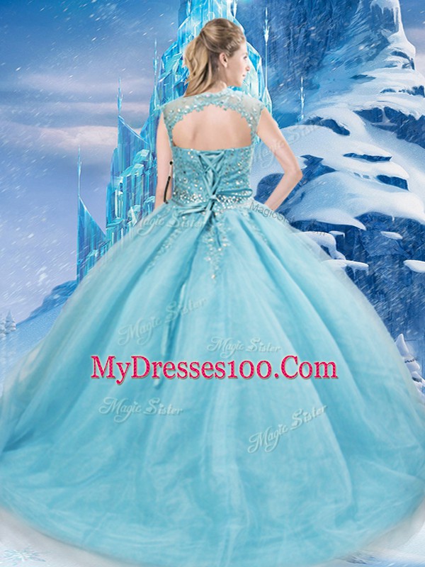Superior Scoop Sleeveless Sweet 16 Dress Brush Train Beading Aqua Blue Tulle