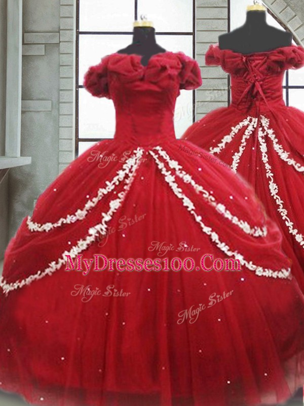 Attractive Tulle Off The Shoulder Sleeveless Brush Train Lace Up Appliques and Pick Ups Quinceanera Gowns in Wine Red