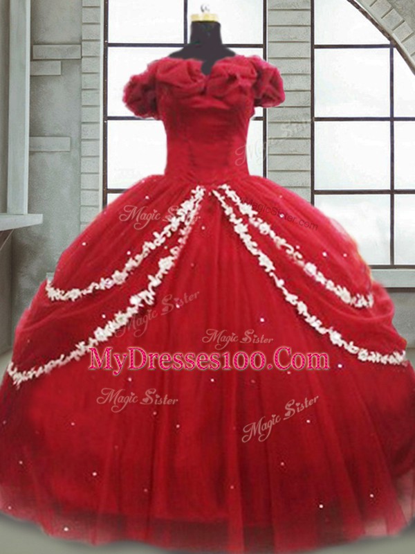 Attractive Tulle Off The Shoulder Sleeveless Brush Train Lace Up Appliques and Pick Ups Quinceanera Gowns in Wine Red