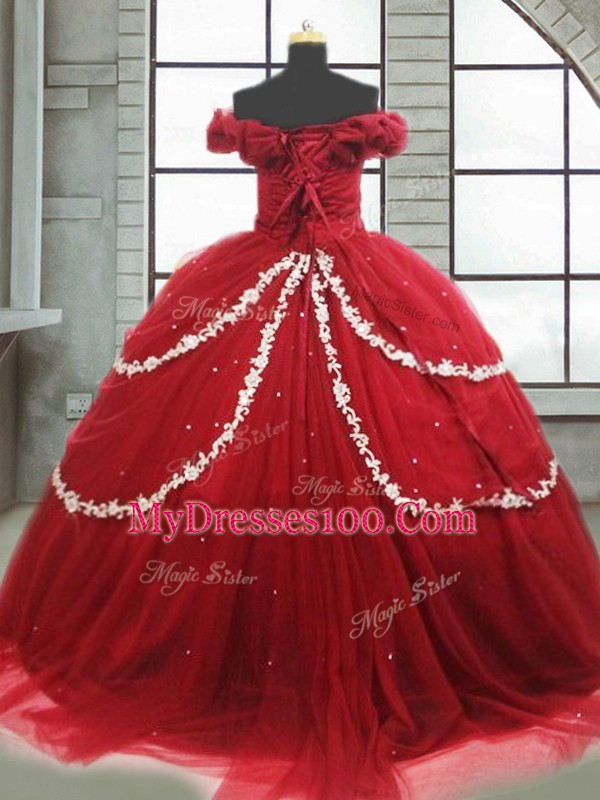 Attractive Tulle Off The Shoulder Sleeveless Brush Train Lace Up Appliques and Pick Ups Quinceanera Gowns in Wine Red