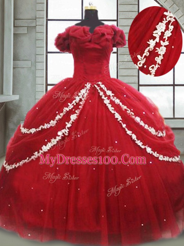 Attractive Tulle Off The Shoulder Sleeveless Brush Train Lace Up Appliques and Pick Ups Quinceanera Gowns in Wine Red