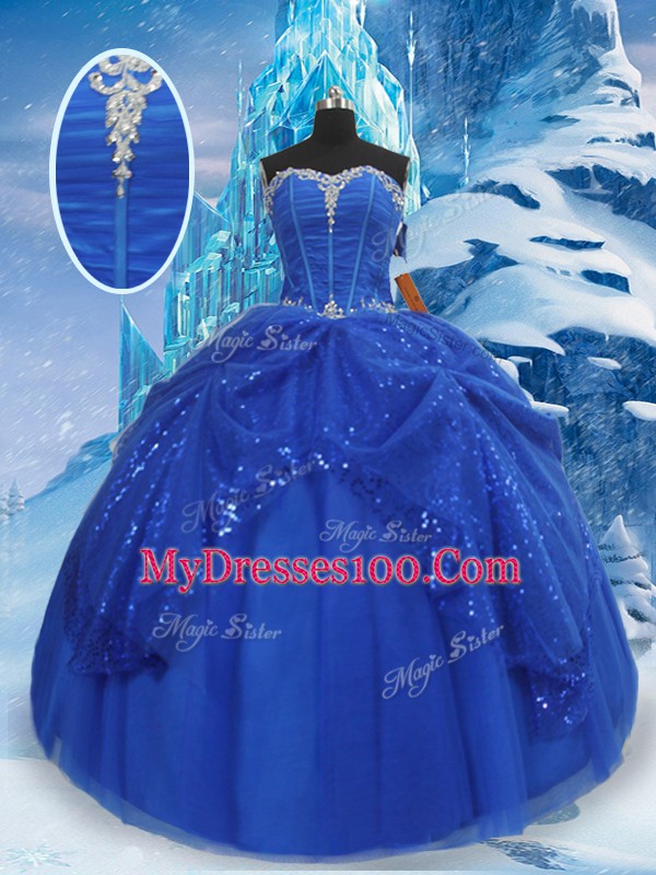 Perfect Floor Length Lace Up Ball Gown Prom Dress Royal Blue for Military Ball and Sweet 16 and Quinceanera with Beading and Pick Ups