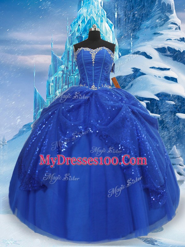Perfect Floor Length Lace Up Ball Gown Prom Dress Royal Blue for Military Ball and Sweet 16 and Quinceanera with Beading and Pick Ups