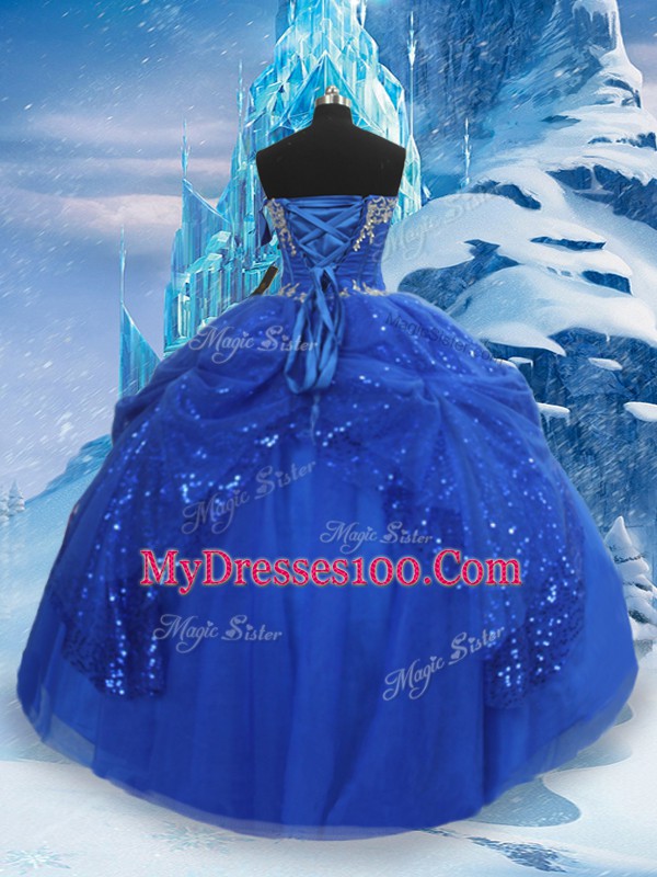 Perfect Floor Length Lace Up Ball Gown Prom Dress Royal Blue for Military Ball and Sweet 16 and Quinceanera with Beading and Pick Ups