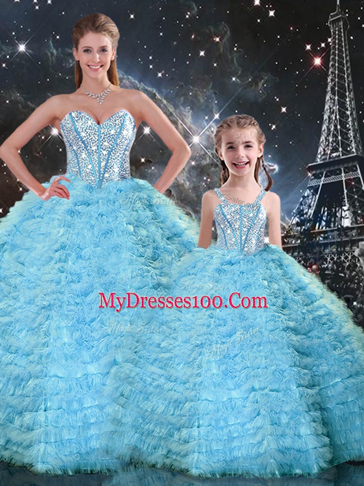 Top Selling Light Blue Sweetheart Lace Up Beading and Ruffles Quinceanera Dress Sleeveless