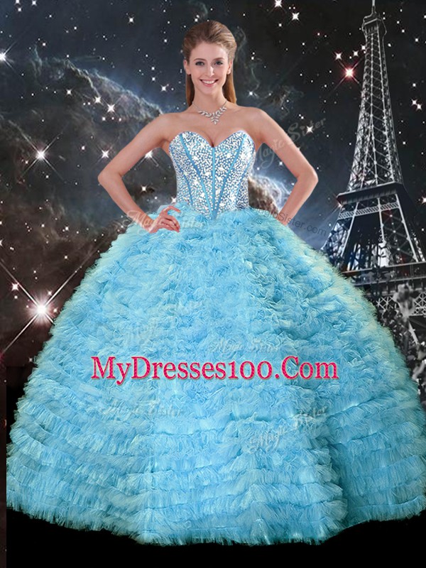 Top Selling Light Blue Sweetheart Lace Up Beading and Ruffles Quinceanera Dress Sleeveless
