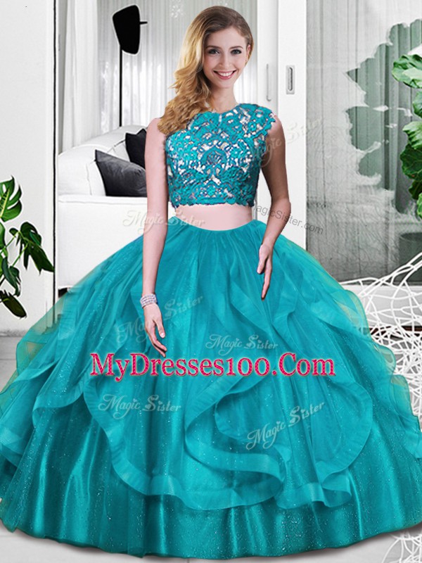 Teal Two Pieces Scoop Sleeveless Tulle Floor Length Zipper Lace and Embroidery and Ruffles Quince Ball Gowns