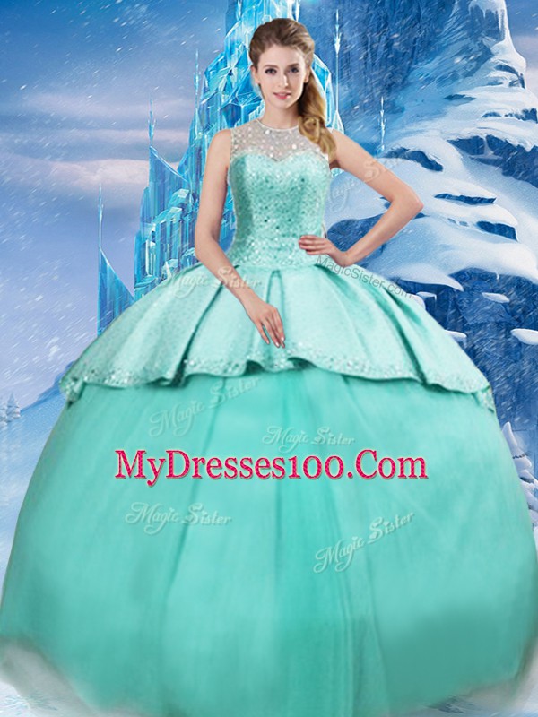 Turquoise Quinceanera Dresses Military Ball and Sweet 16 and Quinceanera with Beading and Ruching Scoop Sleeveless Brush Train Lace Up