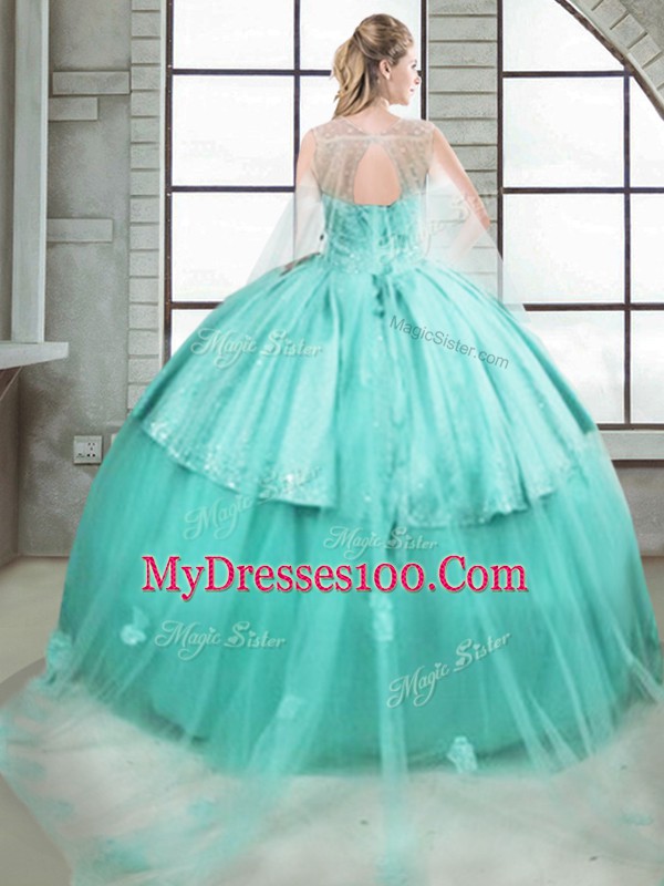 Turquoise Quinceanera Dresses Military Ball and Sweet 16 and Quinceanera with Beading and Ruching Scoop Sleeveless Brush Train Lace Up