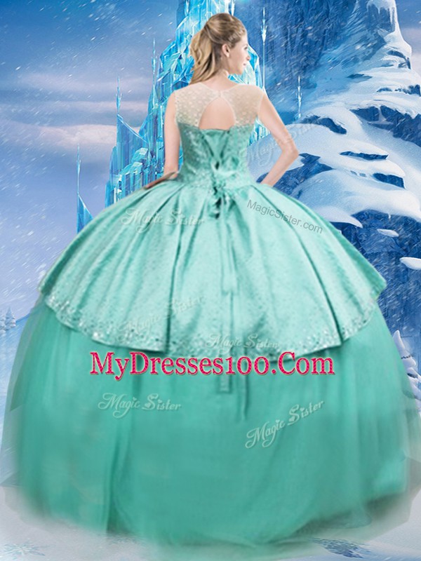 Turquoise Quinceanera Dresses Military Ball and Sweet 16 and Quinceanera with Beading and Ruching Scoop Sleeveless Brush Train Lace Up