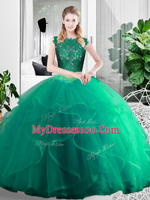 Charming Floor Length Zipper Quinceanera Dress Turquoise for Military Ball and Sweet 16 and Quinceanera with Lace and Ruffles