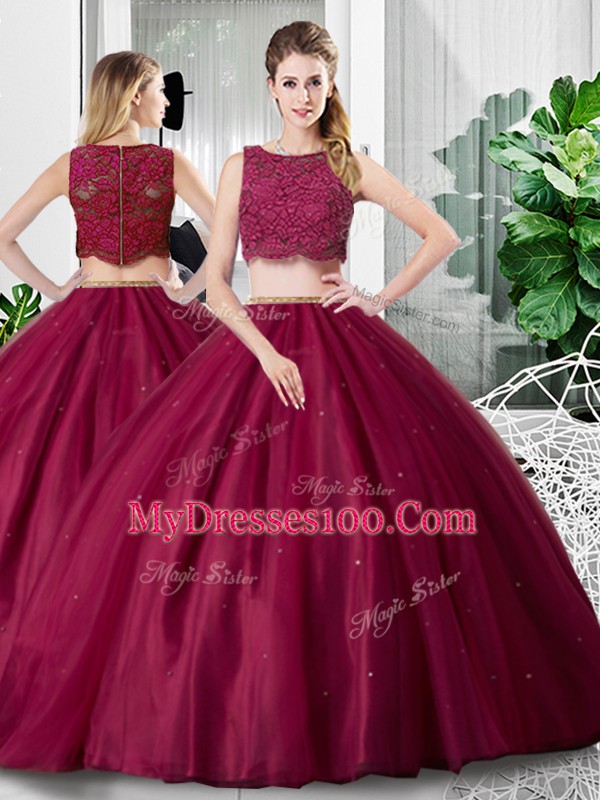 Fitting Floor Length Two Pieces Sleeveless Fuchsia 15th Birthday Dress Zipper