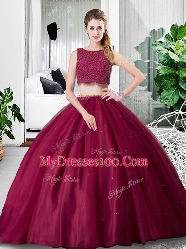 Fitting Floor Length Two Pieces Sleeveless Fuchsia 15th Birthday Dress Zipper