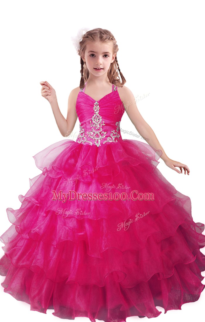 Trendy Fuchsia Organza Zipper Girls Pageant Dresses Sleeveless Floor Length Beading and Ruffled Layers