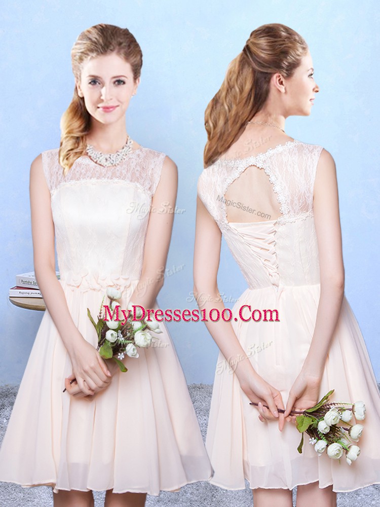 Free and Easy Knee Length Champagne Bridesmaid Gown Chiffon Sleeveless Lace
