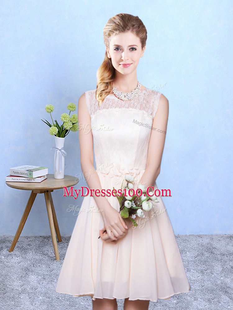 Free and Easy Knee Length Champagne Bridesmaid Gown Chiffon Sleeveless Lace