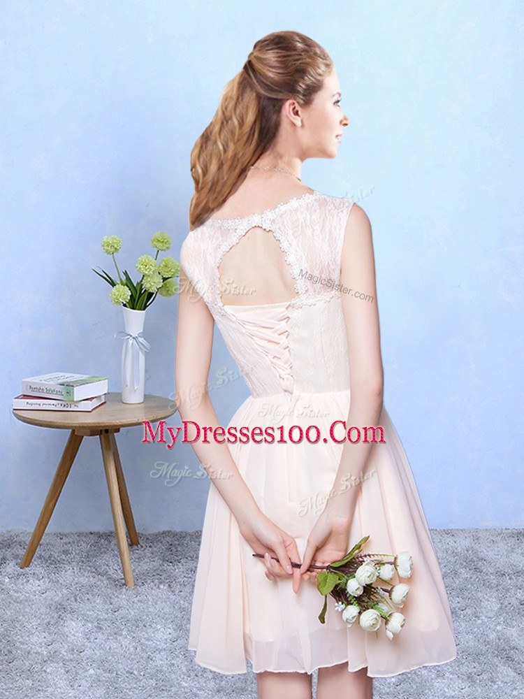 Free and Easy Knee Length Champagne Bridesmaid Gown Chiffon Sleeveless Lace