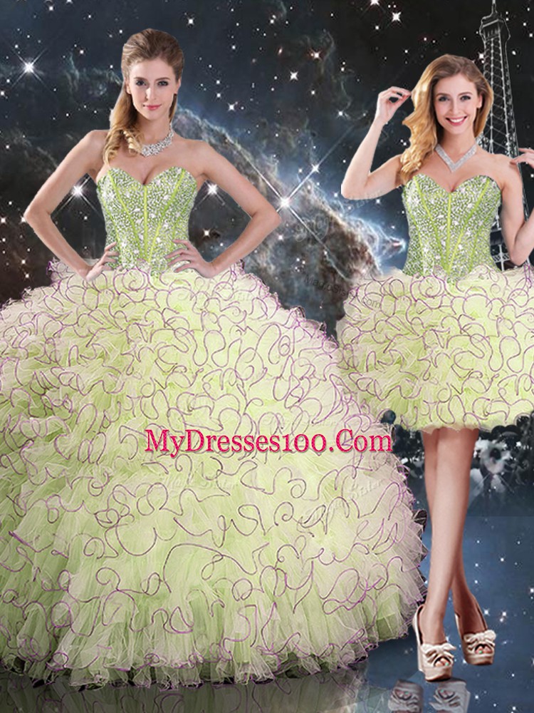 Beading and Ruffles Sweet 16 Dress Yellow Green Lace Up Sleeveless Floor Length