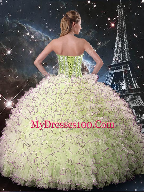 Beading and Ruffles Sweet 16 Dress Yellow Green Lace Up Sleeveless Floor Length