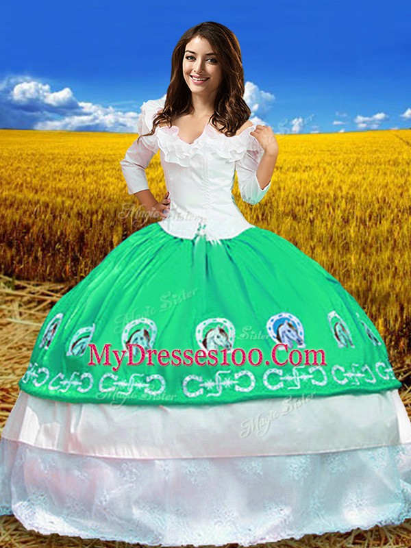 Beauteous Turquoise Off The Shoulder Neckline Embroidery 15 Quinceanera Dress 3 4 Length Sleeve Lace Up