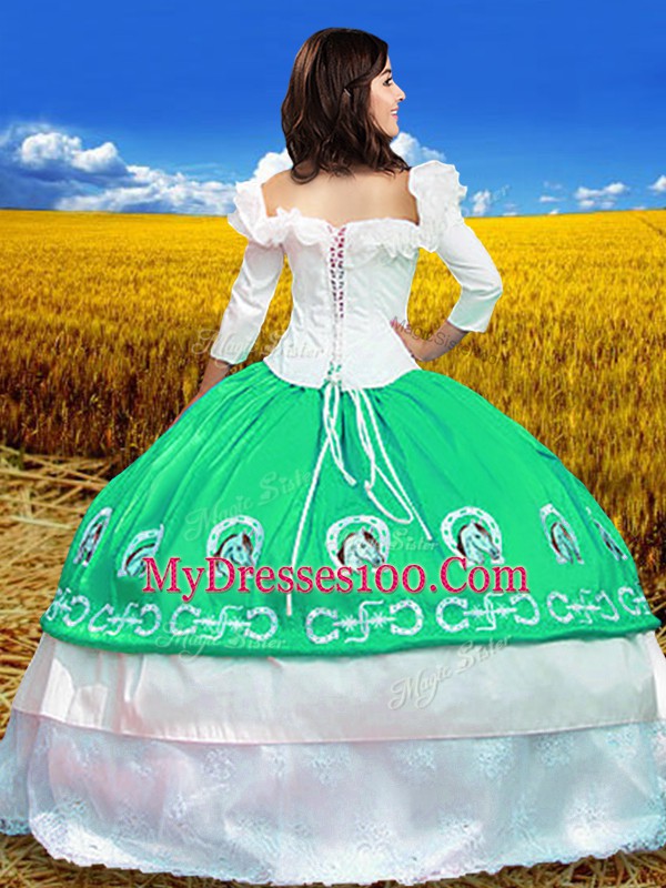 Beauteous Turquoise Off The Shoulder Neckline Embroidery 15 Quinceanera Dress 3 4 Length Sleeve Lace Up