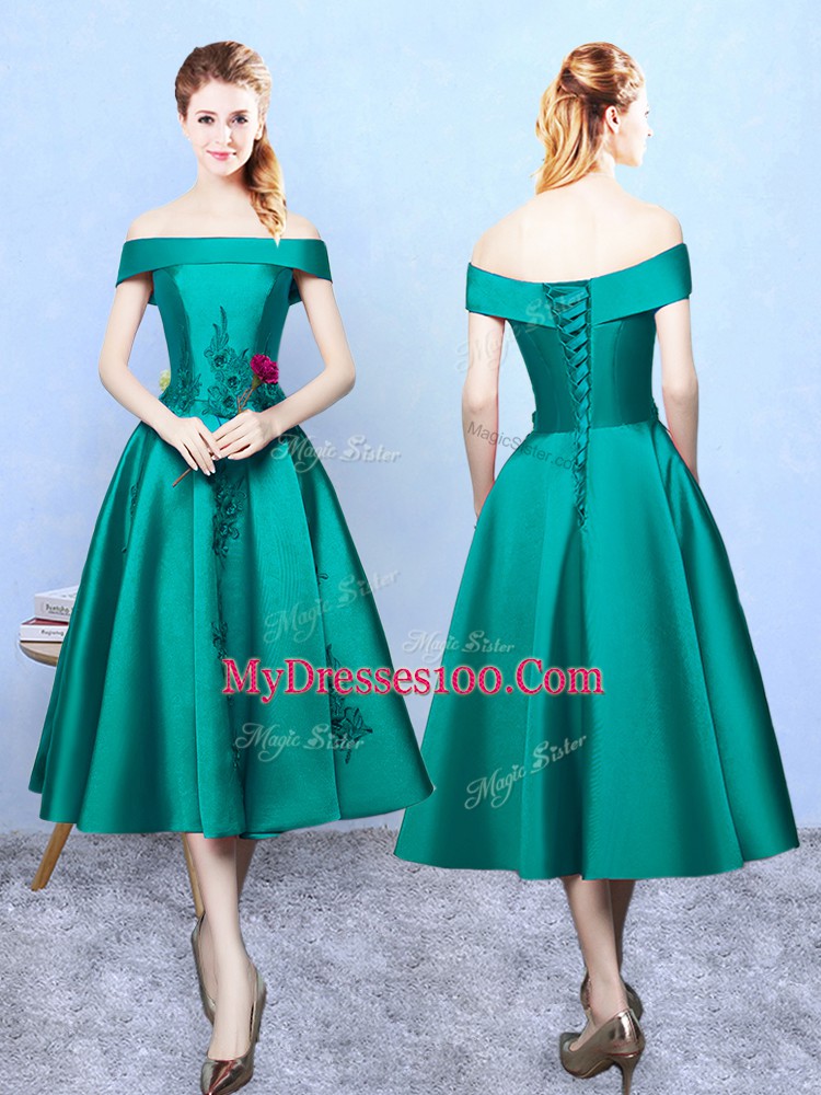 Custom Design Dark Green Lace Up Off The Shoulder Appliques Dama Dress Taffeta Sleeveless