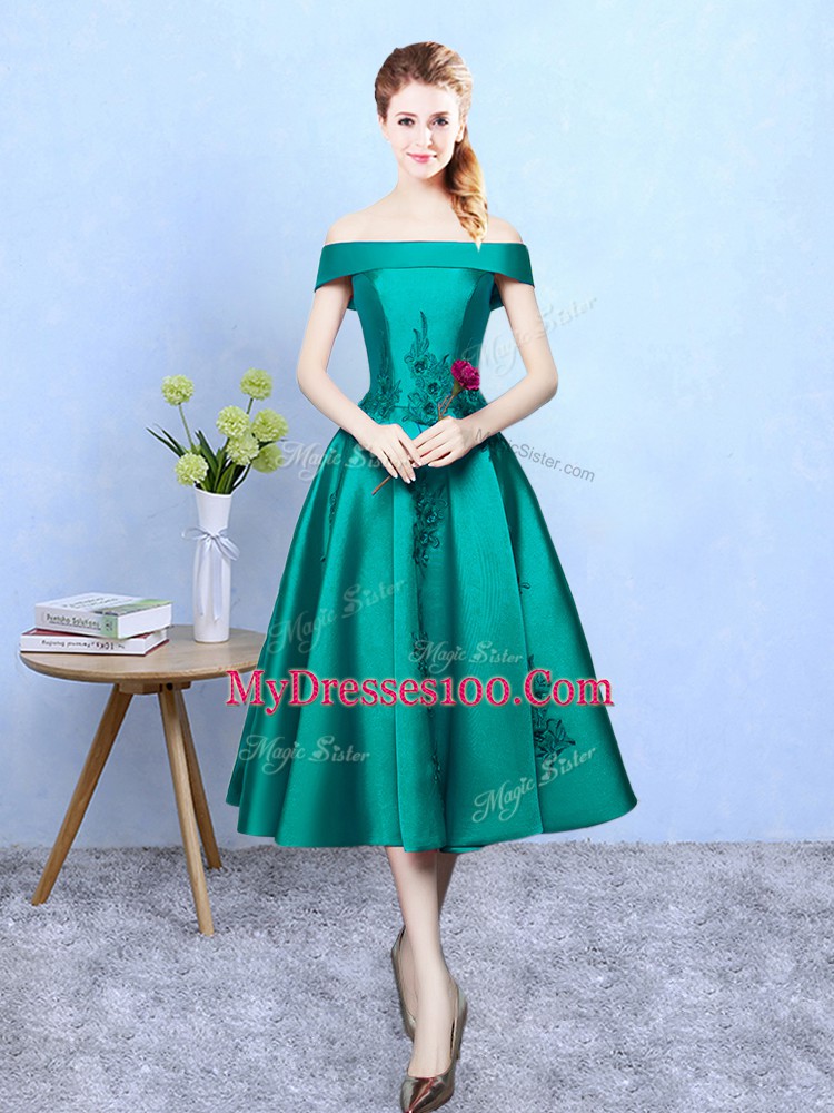 Custom Design Dark Green Lace Up Off The Shoulder Appliques Dama Dress Taffeta Sleeveless