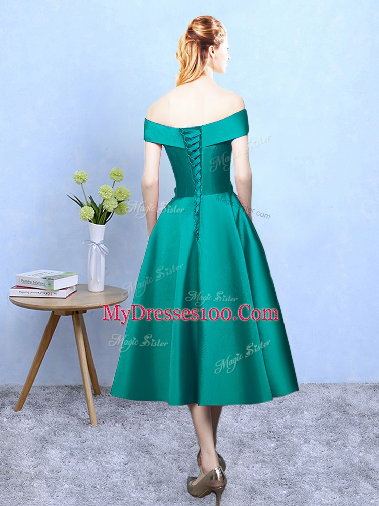 Custom Design Dark Green Lace Up Off The Shoulder Appliques Dama Dress Taffeta Sleeveless