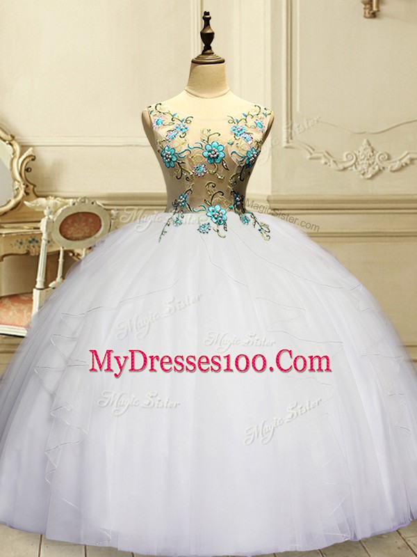 Dramatic Appliques and Ruffles Vestidos de Quinceanera White Lace Up Sleeveless Floor Length