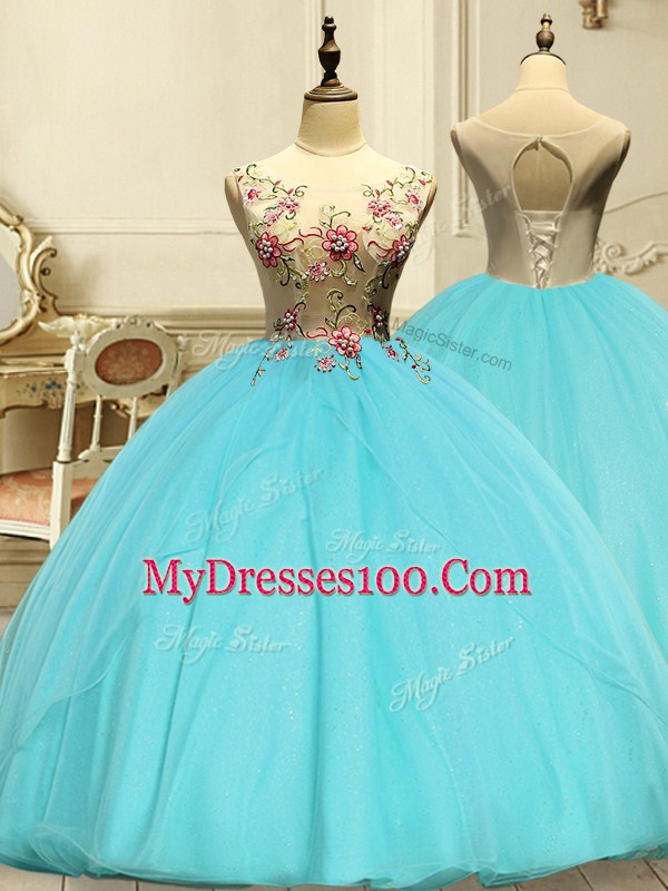 Nice Sleeveless Organza Floor Length Lace Up 15 Quinceanera Dress in Aqua Blue with Appliques