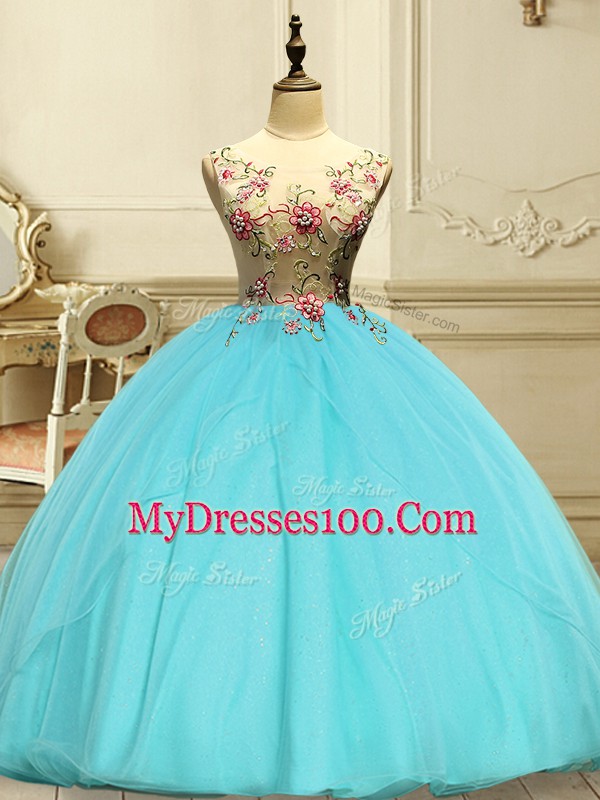 Nice Sleeveless Organza Floor Length Lace Up 15 Quinceanera Dress in Aqua Blue with Appliques