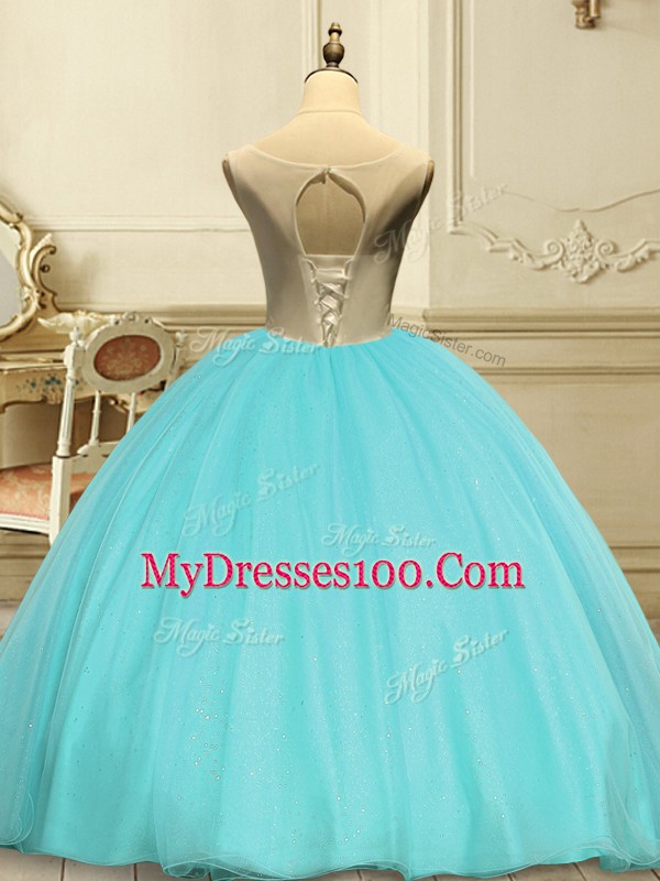 Nice Sleeveless Organza Floor Length Lace Up 15 Quinceanera Dress in Aqua Blue with Appliques