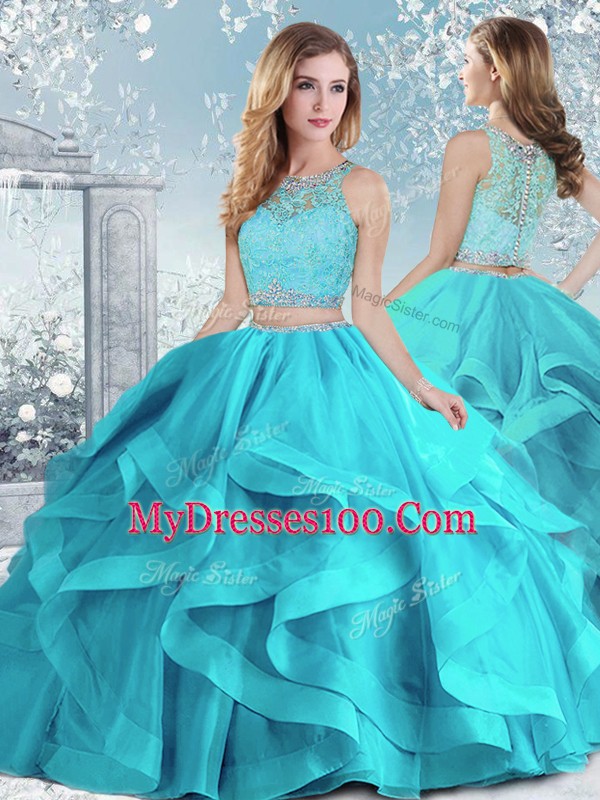 Fashion Aqua Blue Sleeveless Beading and Ruffles Floor Length Quince Ball Gowns