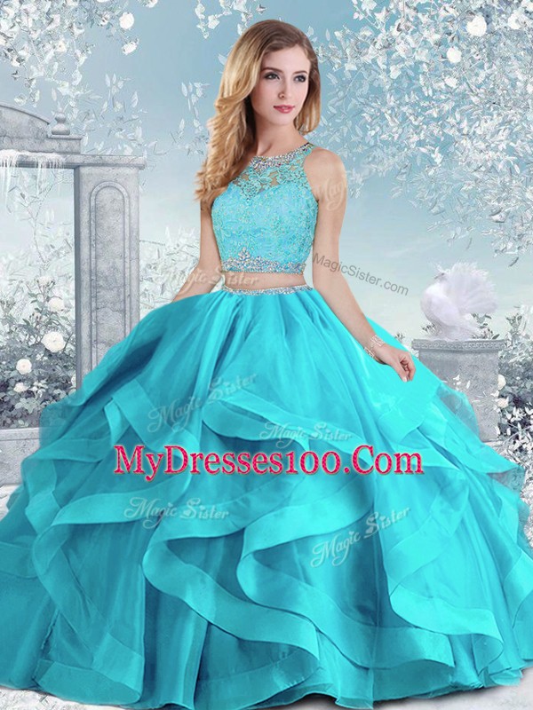 Fashion Aqua Blue Sleeveless Beading and Ruffles Floor Length Quince Ball Gowns