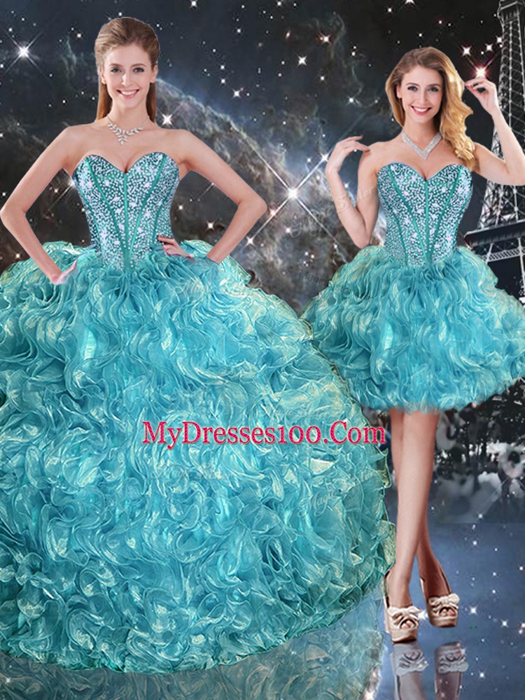 Fine Aqua Blue Organza Lace Up Sweetheart Sleeveless Floor Length Sweet 16 Dresses Beading and Ruffles