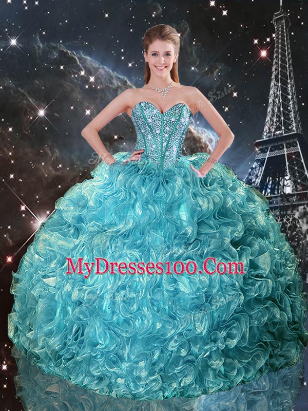 Fine Aqua Blue Organza Lace Up Sweetheart Sleeveless Floor Length Sweet 16 Dresses Beading and Ruffles