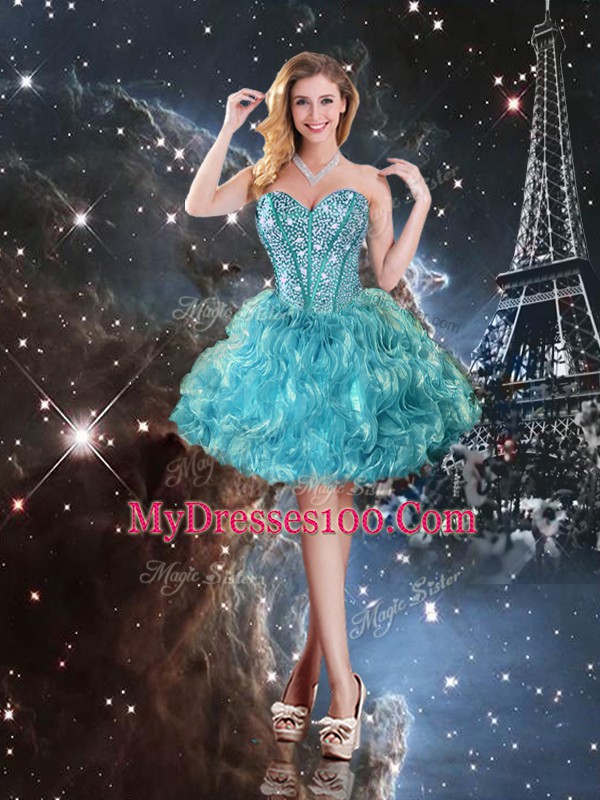 Fine Aqua Blue Organza Lace Up Sweetheart Sleeveless Floor Length Sweet 16 Dresses Beading and Ruffles