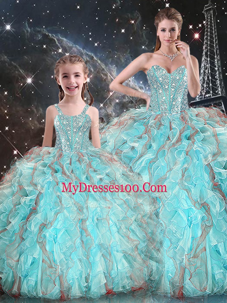 Vintage Floor Length Ball Gowns Sleeveless Aqua Blue Quince Ball Gowns Lace Up