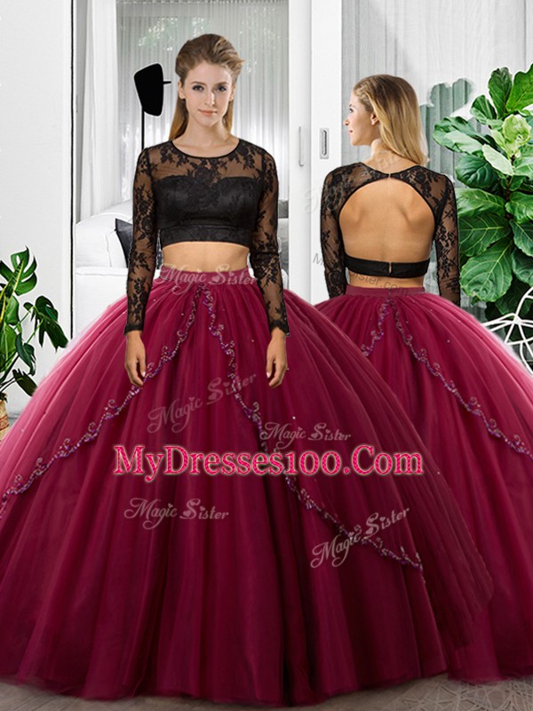 Fuchsia Long Sleeves Floor Length Lace and Ruching Backless Quinceanera Dress