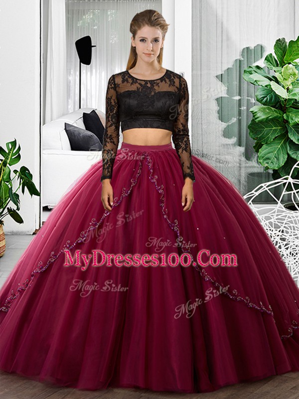 Fuchsia Long Sleeves Floor Length Lace and Ruching Backless Quinceanera Dress