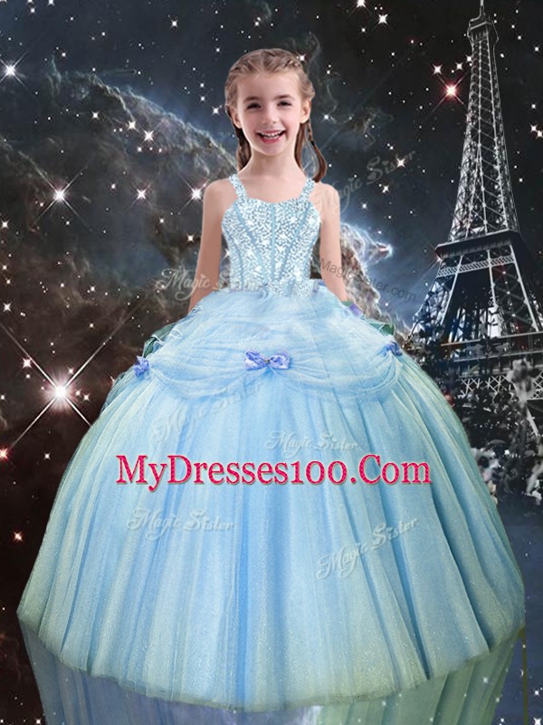 Custom Designed Tulle Straps Sleeveless Lace Up Beading Girls Pageant Dresses in Light Blue