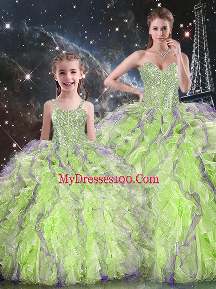 Yellow Green Ball Gowns Sweetheart Sleeveless Organza Floor Length Lace Up Beading and Ruffles Ball Gown Prom Dress