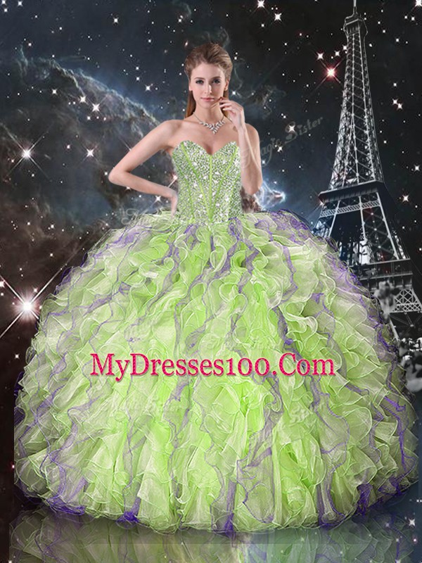 Yellow Green Ball Gowns Sweetheart Sleeveless Organza Floor Length Lace Up Beading and Ruffles Ball Gown Prom Dress