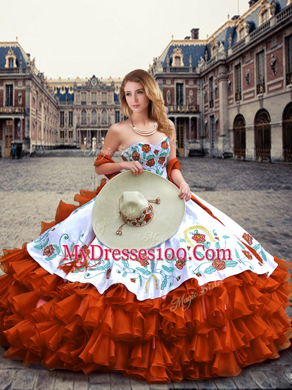 Attractive Ball Gowns Ball Gown Prom Dress Rust Red Sweetheart Organza Sleeveless Floor Length Lace Up