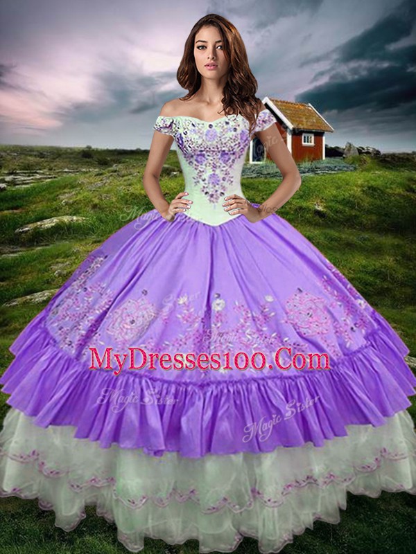 Hot Selling Lavender Off The Shoulder Lace Up Beading and Embroidery and Ruffled Layers Ball Gown Prom Dress Sleeveless