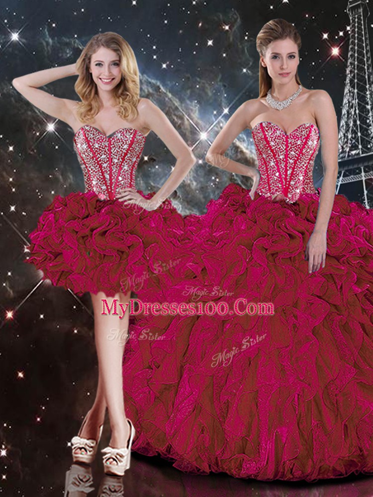 Burgundy Lace Up Sweet 16 Dresses Beading and Ruffles Sleeveless Floor Length