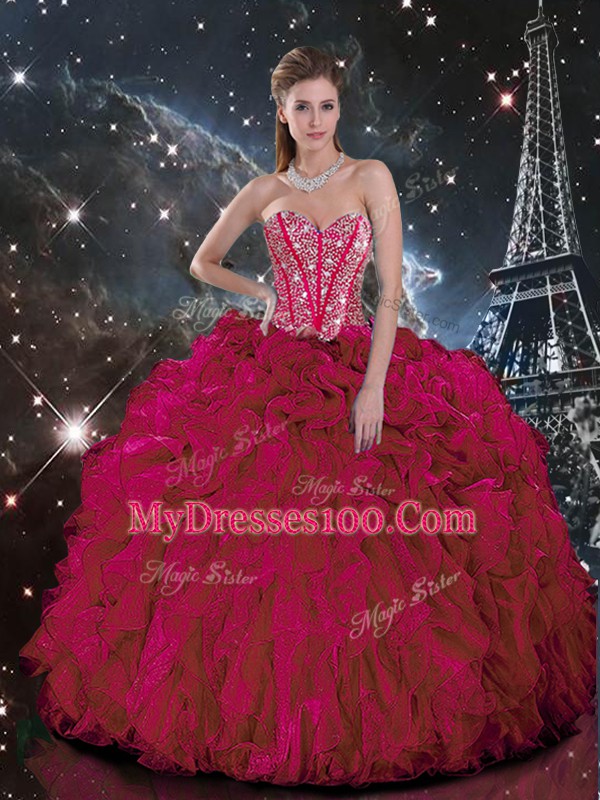 Burgundy Lace Up Sweet 16 Dresses Beading and Ruffles Sleeveless Floor Length