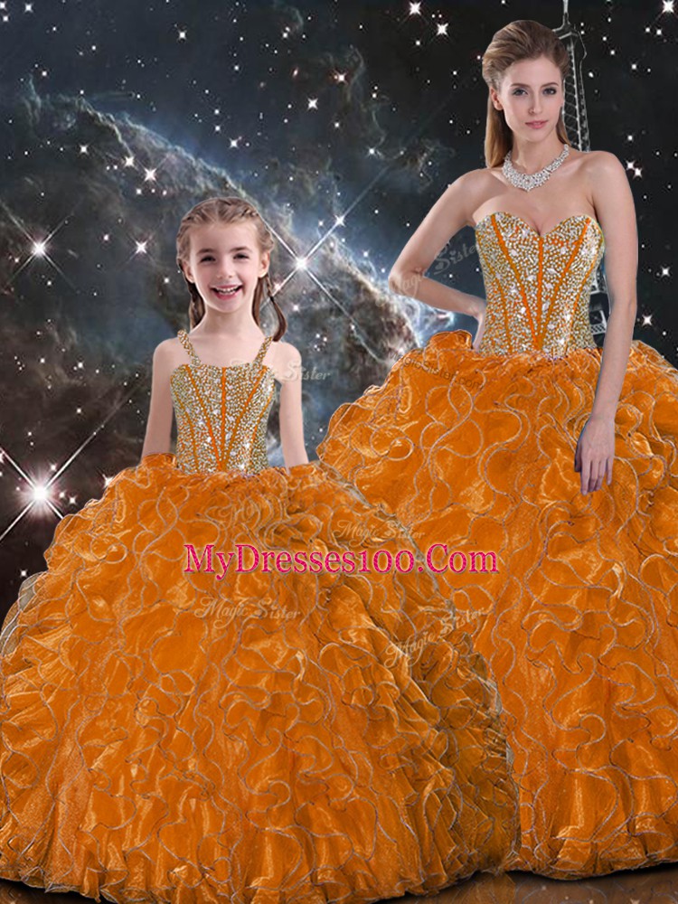Pretty Floor Length Lace Up Vestidos de Quinceanera Orange for Military Ball and Sweet 16 and Quinceanera with Beading and Ruffles